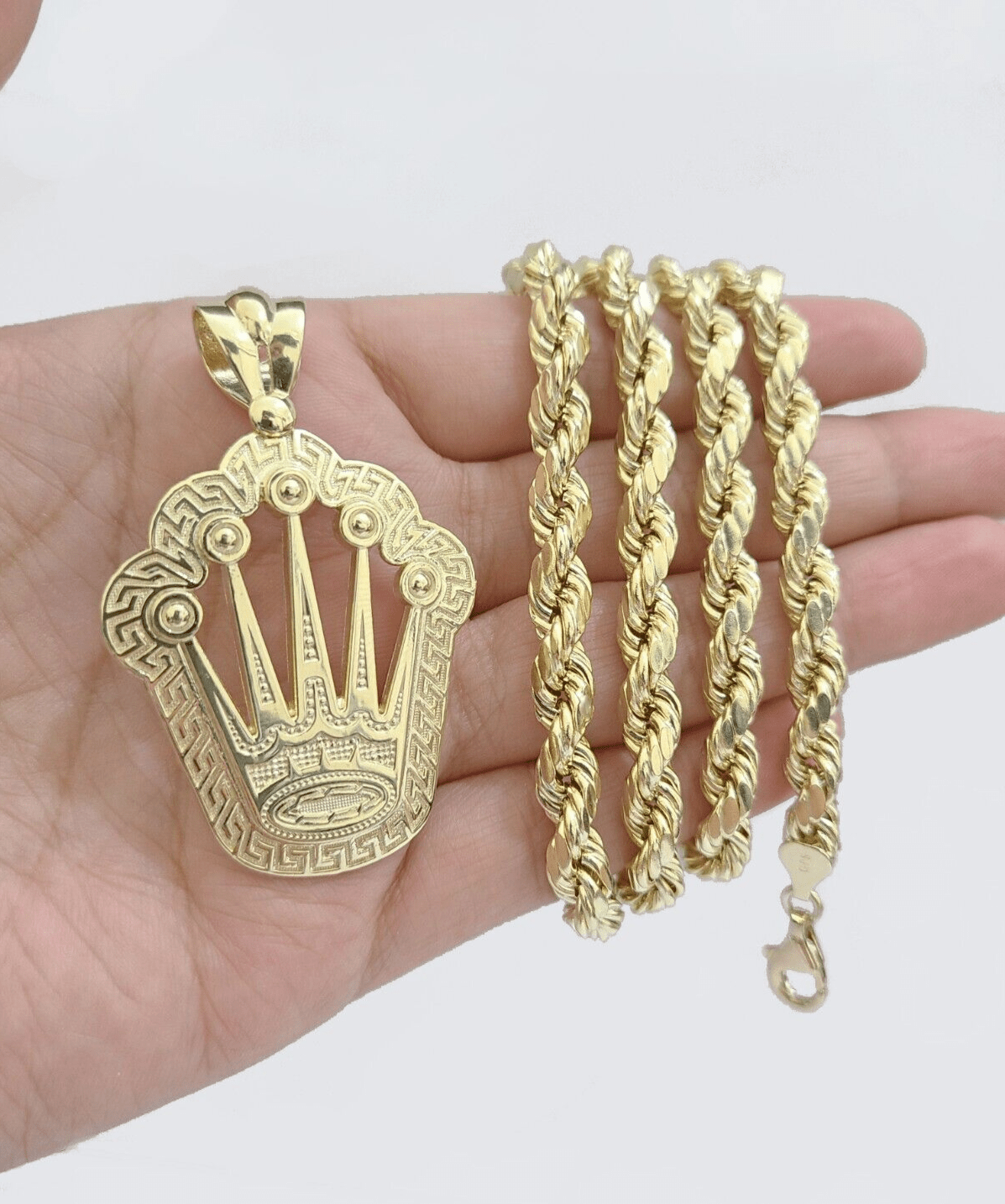 10k Yellow Gold Crown Charm Rope Chain Necklace 7mm 2'' Pendant 10kt Real SALE - GoldenlinQ